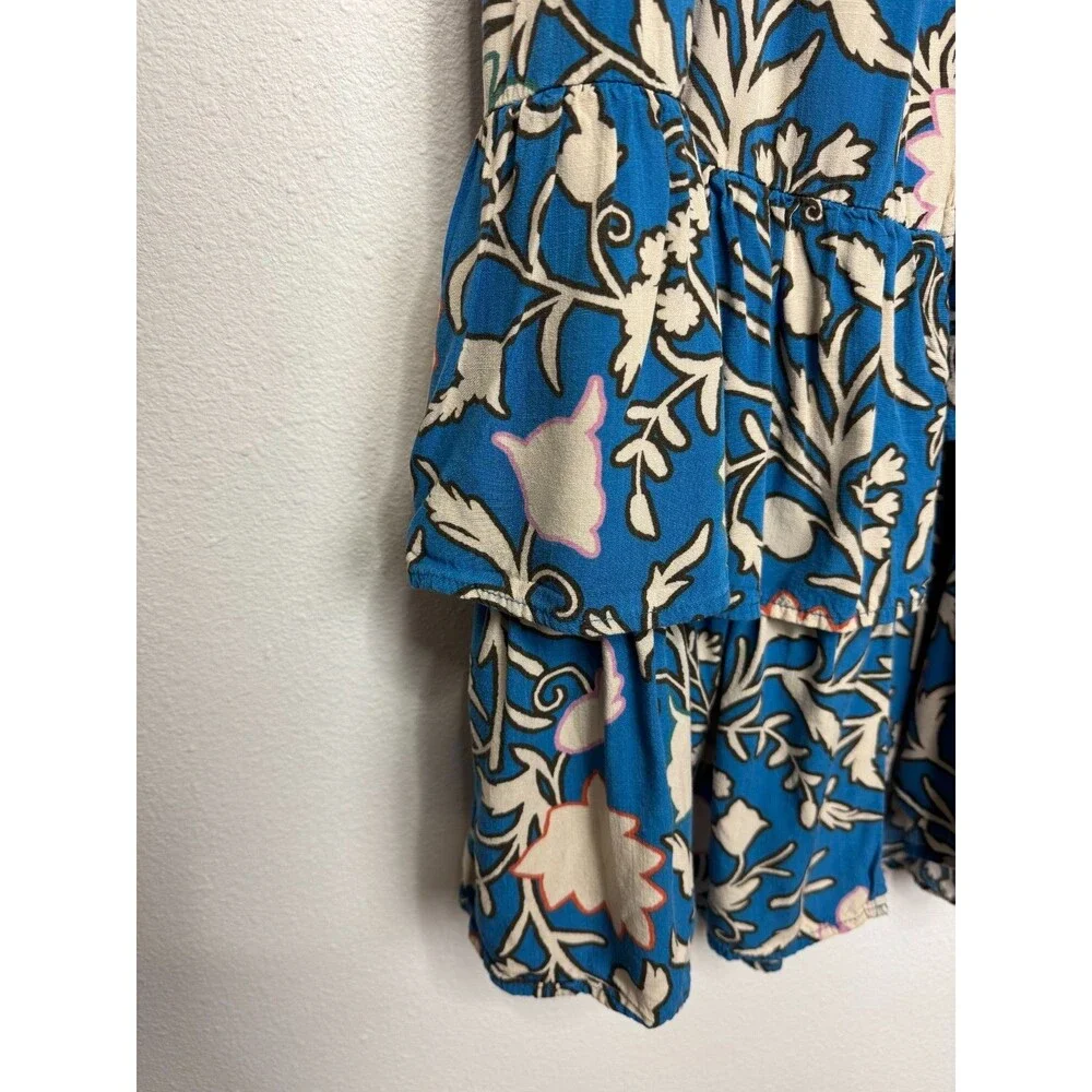 Knox Rose Small Wrap Midi Dress Blue White Ruffled Tiered Floral Short Sleeve